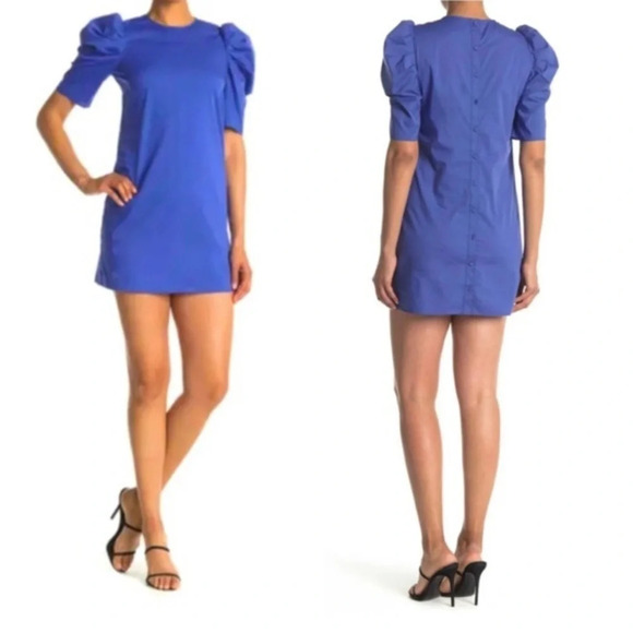 Cinq A Sept Dress Erin Puff Sleeve Mini Crew Neck Bright Cotton Blend Blue Sz 0 - Picture 1 of 10